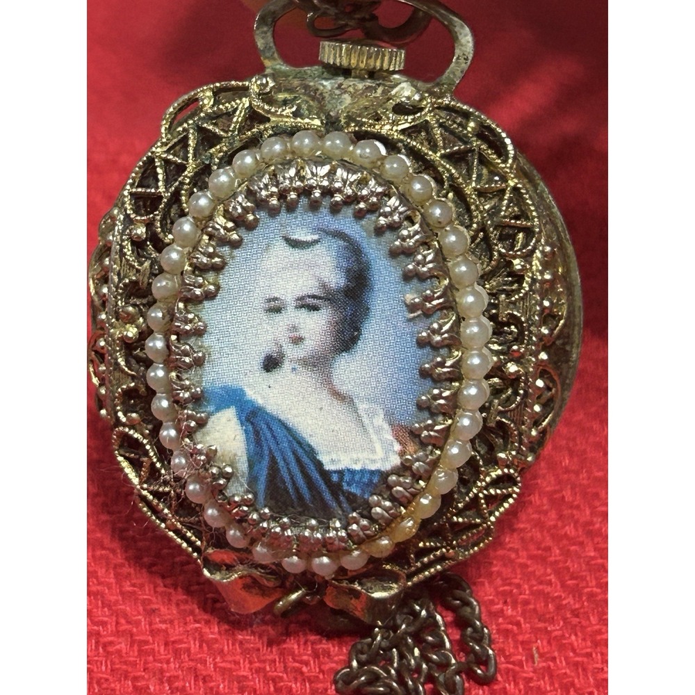 Vintage Lenga Pendant Watch Woman Portrait Reversible Hand Wind Works With Chain